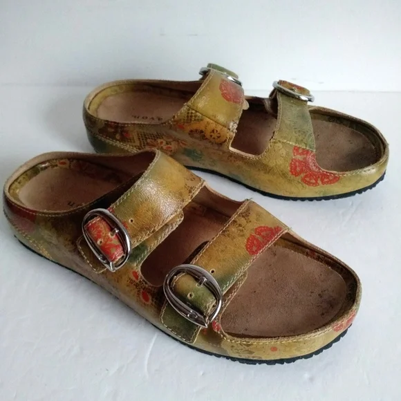 Boho ARAVON Slides Genuine Leather Mustard Floral sandal Slip-on Sandal Flats - Picture 9 of 16